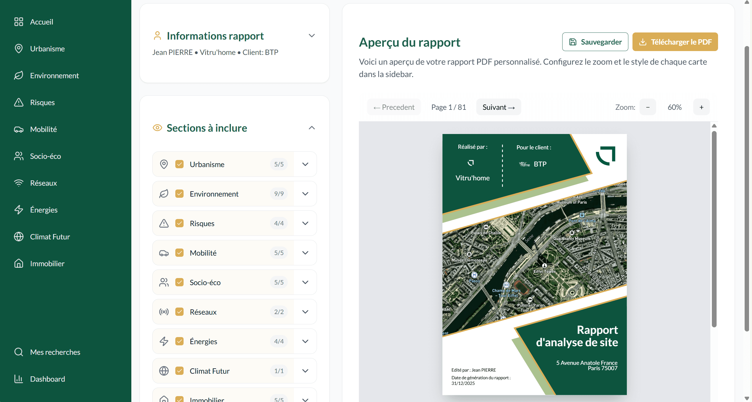 Interface d'analyse de site