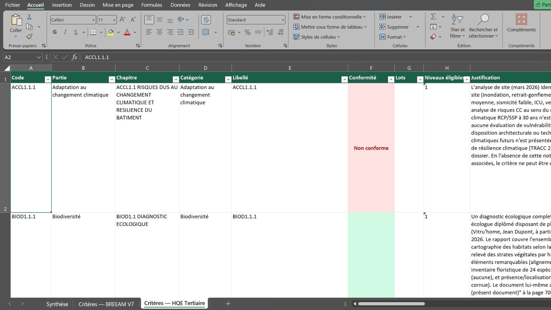 Grille Excel de conformité : verdict justifié et sourcé pour chaque critère du référentiel