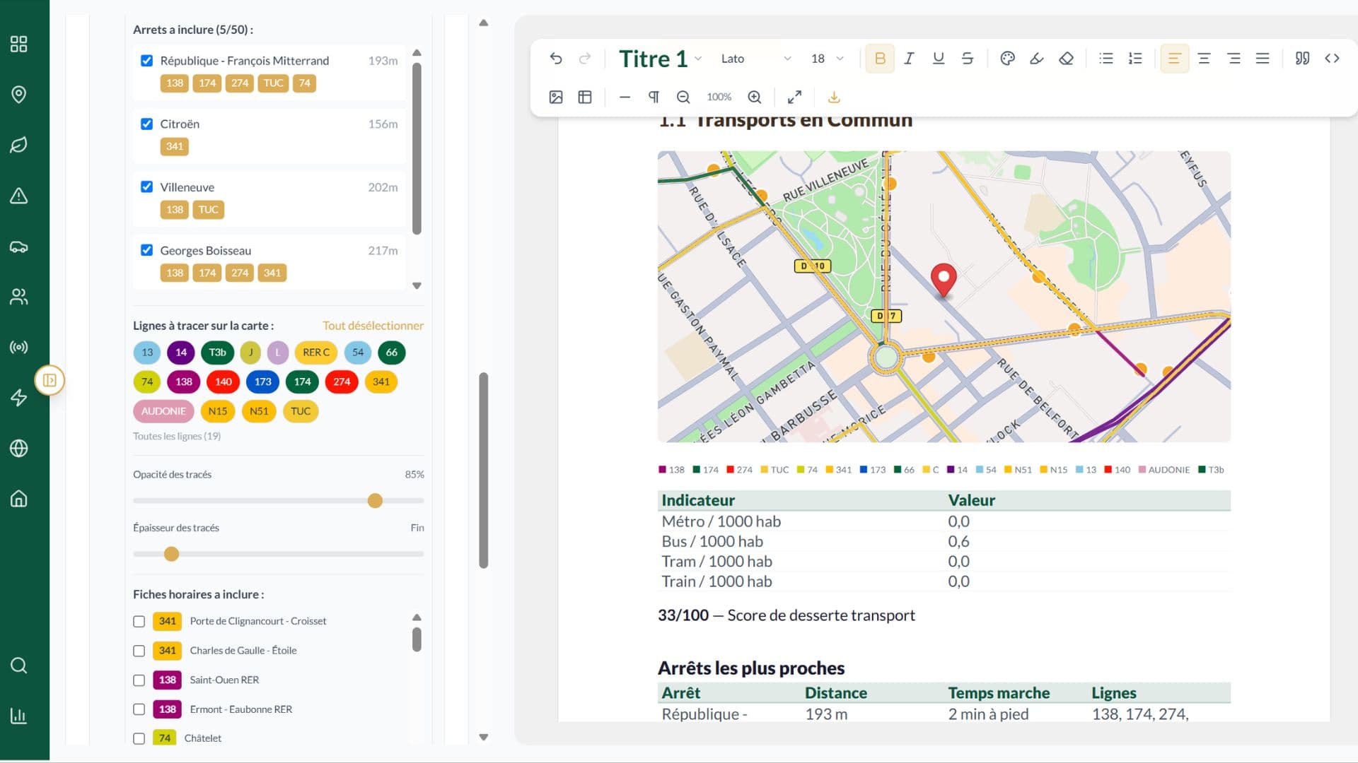 Carte interactive des transports en commun avec lignes, arrêts et score de desserte